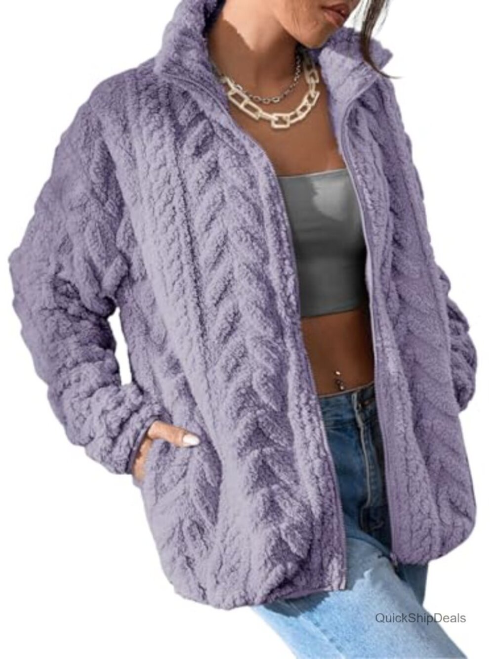 Fleece Jacket Zip Up Stand Collar Long Sleeve Pockets Warm Winter Coat